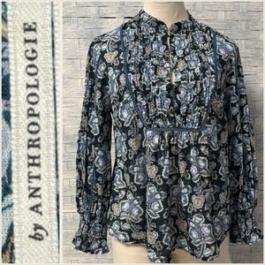 Anthropologie Floral Print Pintuck Long Sleeve Peasant Blouse XS Whimsigoth Goth
